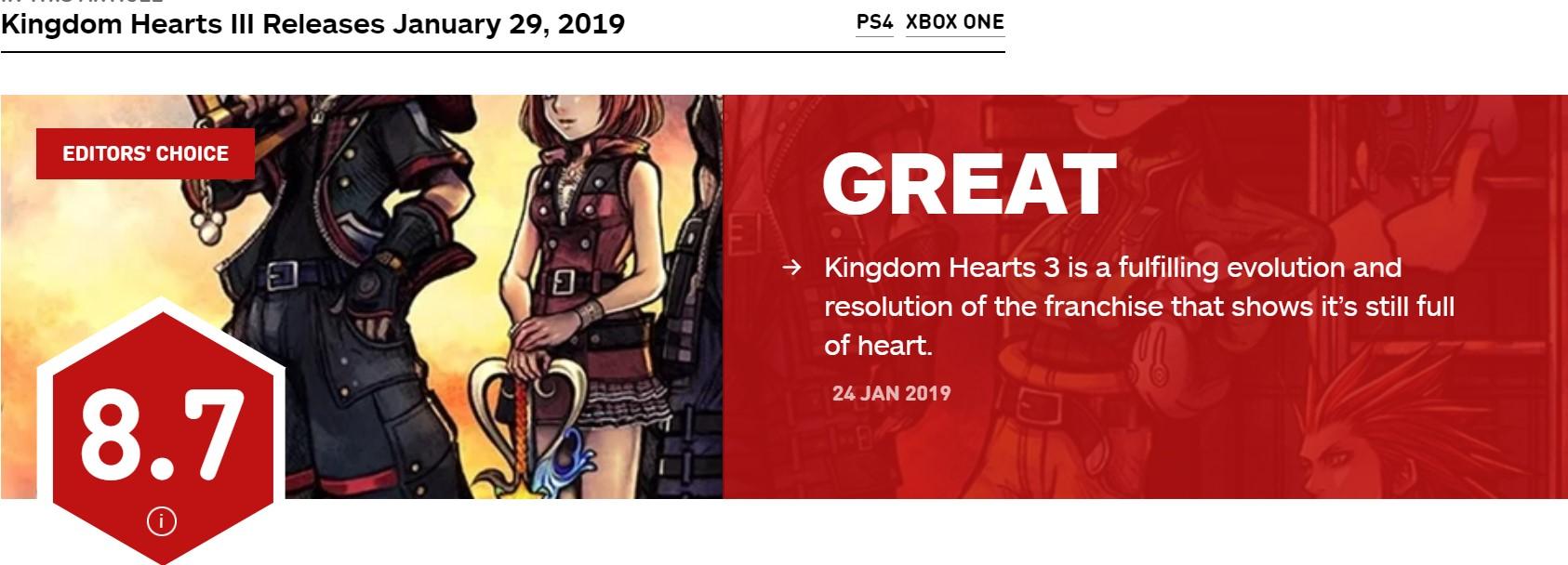《王国之心3》IGN 8.7分 令人期待已久的动作RPG
